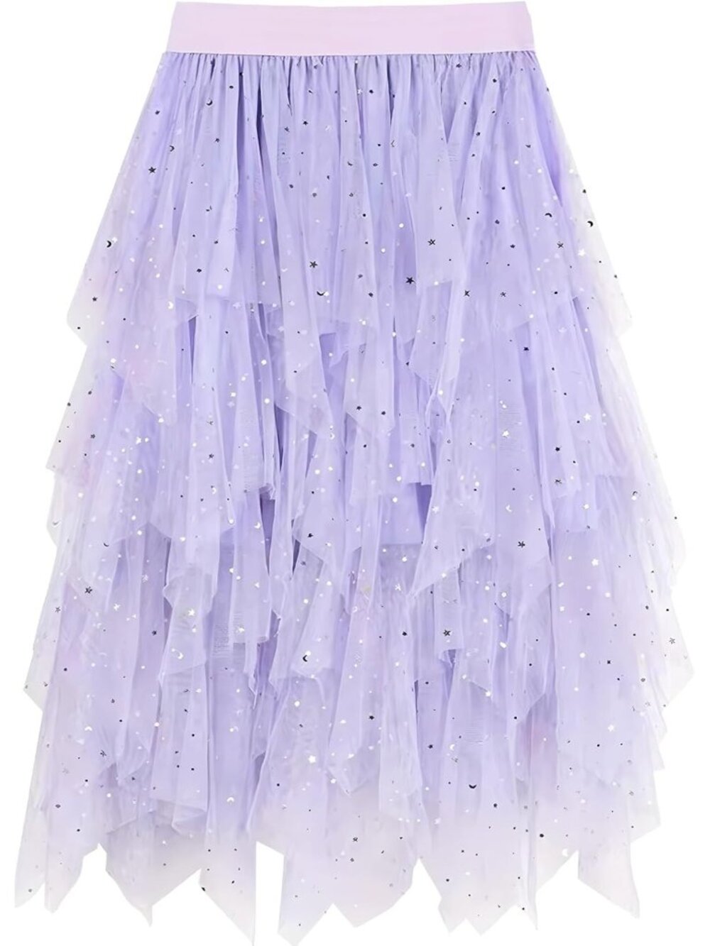 Women's Purple-Sequin High Waist Layered Tulle Mesh Ruffle Asymmetric Midi Skirt